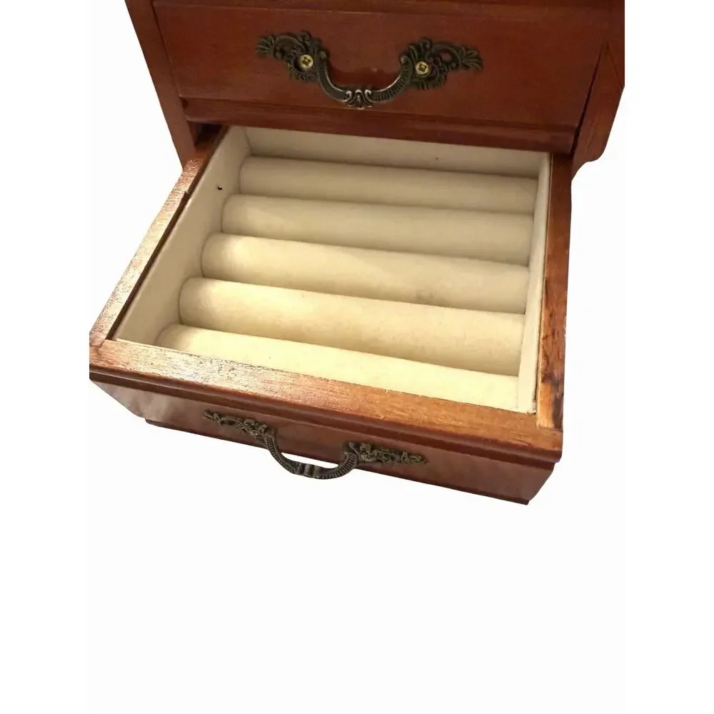 Vintage Wooden Jewelry Box Mirror Ring Necklace Bracelet Earring Organizer 3708C
